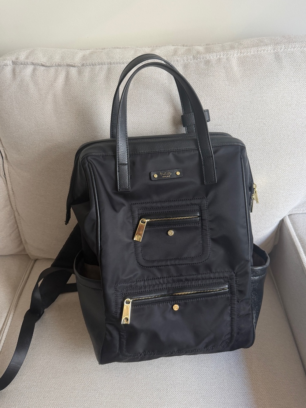 Black Nylon Convertible Backpack Tote with Gold Accents